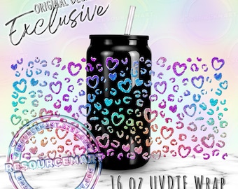 16oz UV DTF tumbler wrap, ready to apply UVDTF 16 ounce can glass cup transfer waterproof sticker, colorful metallic heart leopard cheetah