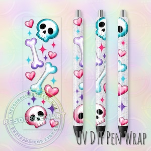 May include: A pen wrap design featuring a repeating pattern of cartoon skulls, hearts, and bones in pink, blue, and purple. The text "UV DTF PEN WRAP" is visible at the bottom. The design is set against a textured white background.