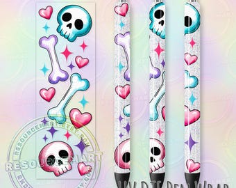 UV DTF Pen Wrap Spooky Cute Pastel Goth Skulls & Hearts Waterproof UVDTF Transfer Sticker for Custom Papermate Inkjoy Glitter Pens
