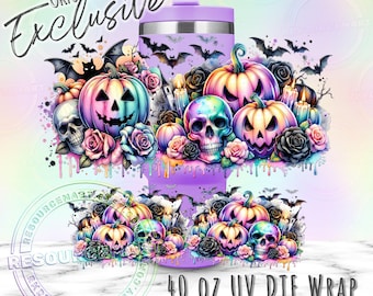 May include: A purple 40 oz UV DTF wrap for a tumbler, featuring a Halloween design. The design includes colorful skulls, jack-o'-lanterns, roses, and bats. The text "ORIGINAL DESIGNER Exclusive" and "READY TO APPLY" are also visible.