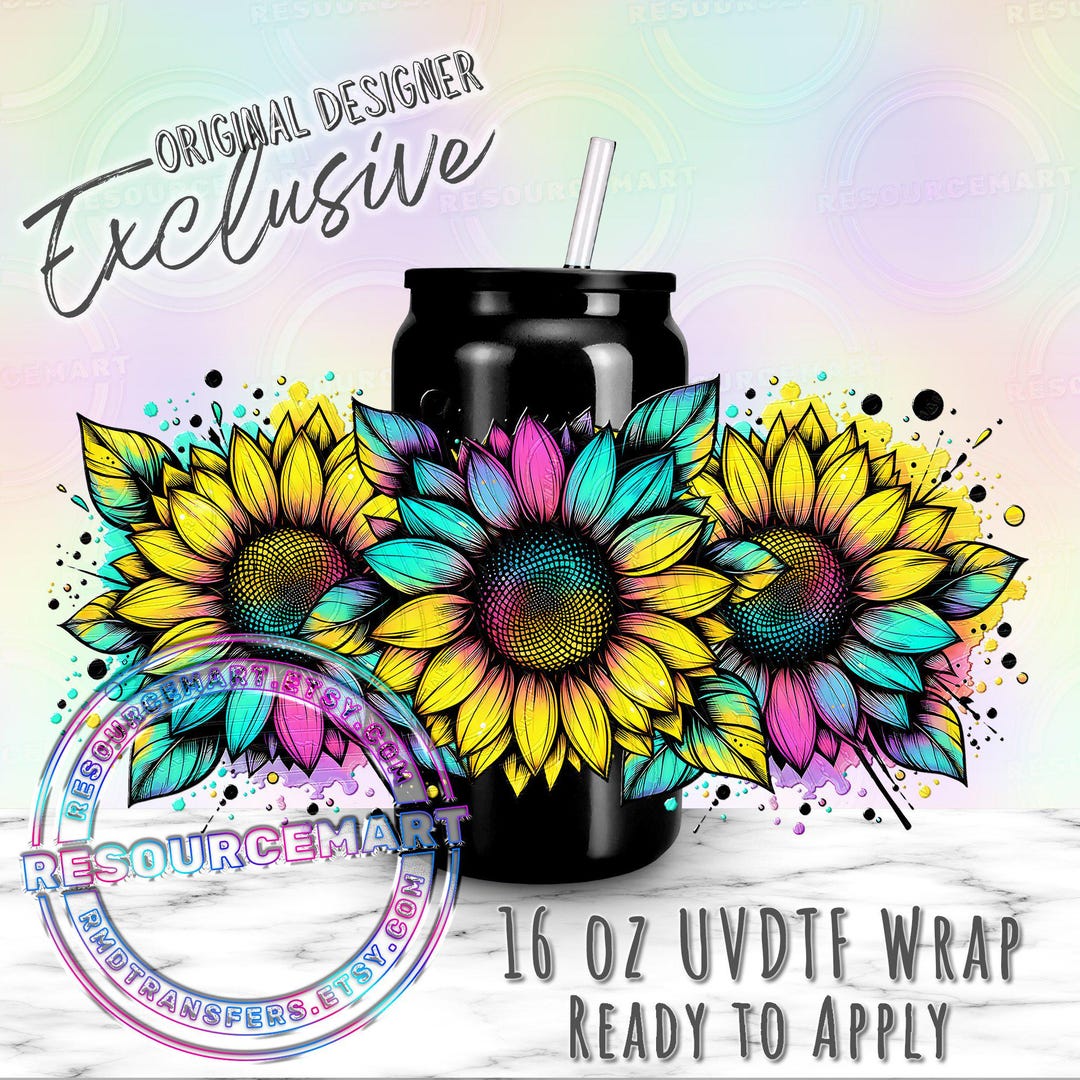 UV DTF Colorful Sunflower 16 Oz Libbey Glass Can Cup Wrap, 16oz Ready ...