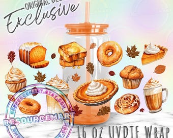 16oz UV DTF tumbler wrap, ready to apply UVDTF 16 ounce glass cup transfer waterproof sticker, fall sweets & coffee, pumpkin pie spice