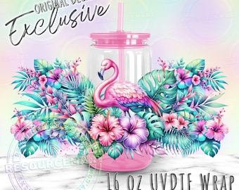 UV DTF Pastel Tropical Flamingo Wrap for 16oz Glass Can Cup Snowglobe Tumblers, Waterproof UVDTF Transfer Sticker, hawaiian floral design
