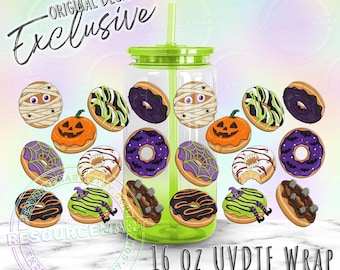 16oz UV DTF tumbler wrap, spooky Halloween donuts ready to apply UVDTF 16 ounce cup transfer, glass can cup sticker decal