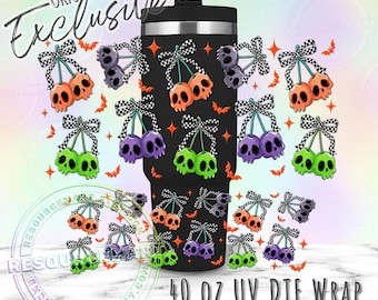 40oz UV DTF tumbler wrap, halloween skull cherries checker bow ready to apply UVDTF 40 ounce stanley cup transfer, spooky season cup sticker