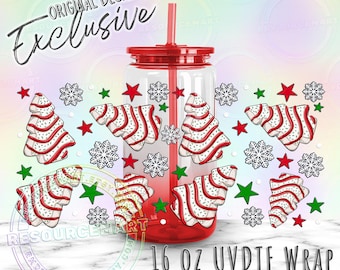 UV DTF Christmas Tree Cake Wrap for 16oz Libbey Glass Can Cup Snowglobe Tumblers, Holiday Waterproof UVDTF Transfer Sticker