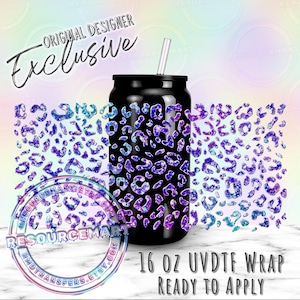 16oz UV DTF tumbler wrap, ready to apply UVDTF 16 ounce can glass cup transfer waterproof sticker, blue and purple galaxy leopard cheetah