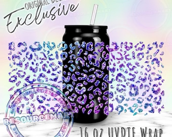 16oz UV DTF tumbler wrap, ready to apply UVDTF 16 ounce can glass cup transfer waterproof sticker, blue and purple galaxy leopard cheetah