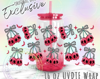16oz UV DTF tumbler wrap, halloween skull cherries checker bow ready to apply UVDTF 16 ounce cup transfer, glass can cup sticker decal