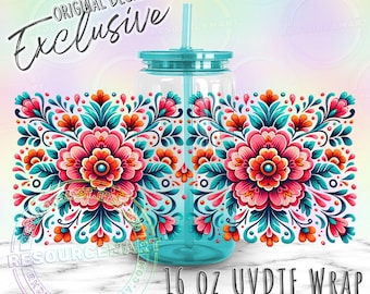 16oz UV DTF tumbler wrap, Mexican painted floral ready to apply UVDTF 16 ounce libbey glass cup transfer