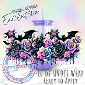 May include: A clear 16 oz tumbler with a purple lid and straw, decorated with a floral and bat design. The design features black roses with rainbow-colored petals and black bats. Text on the image reads "Original Designer Exclusive" and "16 OZ UVDTF Wrap Ready to Apply."