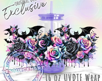 16oz UV DTF tumbler wrap, pastel halloween watercolor bats & roses ready to apply UVDTF 16 ounce cup transfer, pastel goth glass can cup
