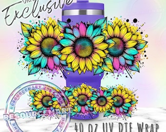 40oz UV DTF tumbler wrap, colorful sunflower ready to apply UVDTF 40 ounce stanley cup transfer, permanent waterproof sticker