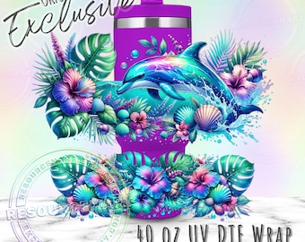 UV DTF Blue Tropical Dolphin 40oz tumbler wrap, colorful ready to apply UVDTF 40 ounce stanley cup transfer, iridescent ocean beach design