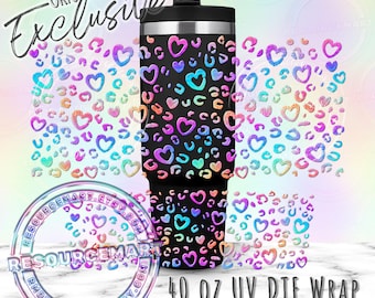 40oz UV DTF tumbler wrap, iridescent leopard print ready to apply UVDTF 40 ounce stanley cup transfer, pastel holo heart cheetah spots wrap