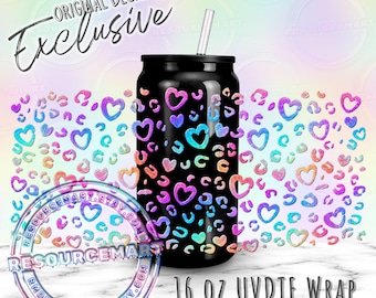 16oz UV DTF tumbler wrap, iridescent leopard print ready to apply UVDTF 16 ounce libbey glass cup transfer, pastel holo heart cheetah spots