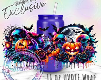 16oz UV DTF tumbler wrap, neon halloween watercolor ready to apply UVDTF 16 ounce libbey glass cup transfer, spooky bats & skulls pumpkins