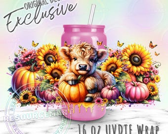 16oz UV DTF tumbler wrap, fall cow pumpkins & sunflowers ready to apply UVDTF 16 ounce cup transfer, libbey glass cup, original designer