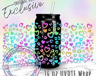 16oz UV DTF tumbler wrap, neon iridescent leopard print ready to apply UVDTF 16 ounce libbey glass cup transfer, holo heart cheetah spots