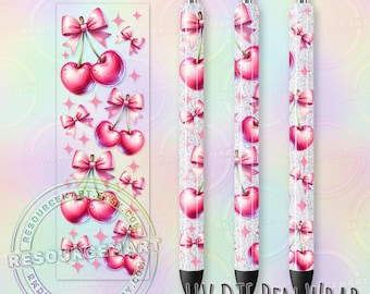 UV DTF Coquette Cherries Pen Wrap, Pink Bow Waterproof UVDTF Transfer Sticker for Custom Papermate Inkjoy Glitter Pens