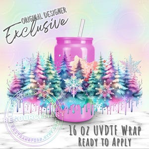 May include: A pink 16 oz tumbler with a winter forest design. The design features colorful trees and snowflakes, with the words "Original Designer Exclusive" at the top. The tumbler includes a straw and is ready to apply.