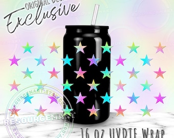UV DTF Iridescent Stars Wrap for 16oz Libbey Glass Can Cup Snowglobe Tumblers, Neon Ombre Retro Y2K Waterproof UVDTF Transfer Sticker