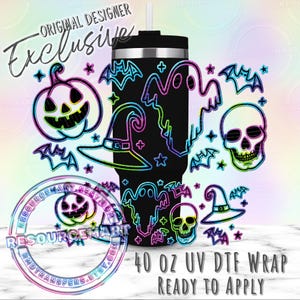 May include: A black 40 oz tumbler wrap with a Halloween theme. The design features a pumpkin, bats, ghosts, a witch's hat, and a skull, all outlined in neon colors. The text reads "ORIGINAL DESIGNER Exclusive" and "40 OZ UV DTF WRAP READY TO APPLY".