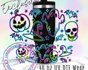 40oz UV DTF tumbler wrap, colorful halloween vibes ready to apply UVDTF 40 ounce stanley cup transfer, spooky season cup sticker