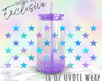UV DTF Blue Iridescent Stars Wrap for 16oz Libbey Glass Can Cup Snowglobe Tumblers, Ombre Retro Y2K Waterproof UVDTF Transfer Sticker