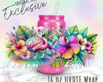 16oz UV DTF tumbler wrap, ready to apply UVDTF 16 ounce glass cup transfer waterproof sticker, tropical flamingo hibiscus monstera summer