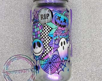 Retro Halloween 16oz Frosted Shimmer Glass Cup with Lid and Straw, Iridescent Purple Tumbler with Ghosts Ombre Pumpkin Bats and Smiley