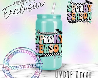 UV DTF decal, ready to apply UVDTF transfer, permanent waterproof water bottle cup sticker, retro spooky season ghosts bats checker print