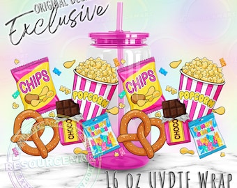 UV DTF Snacks Wrap for 16oz Glass Can Cup Snowglobe Tumblers, Waterproof UVDTF Transfer Sticker, cute popcorn chips and gummy bears