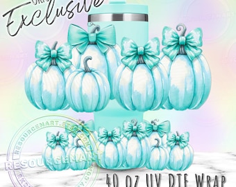 40oz UV DTF tumbler wrap, ready to apply UVDTF 40 ounce stanley cup transfer, permanent waterproof sticker, turquoise coquette pumpkins bows
