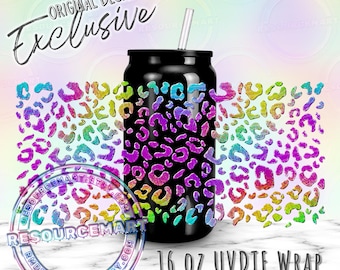 16oz UV DTF tumbler wrap, ready to apply UVDTF 16 ounce can glass cup transfer waterproof sticker, colorful metallic foil leopard cheetah