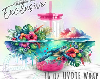 UV DTF Tropical Sea Turtle Wrap for 16oz Libbey Glass Can Cup Snowglobe Tumblers, Colorful Waterproof UVDTF Transfer Sticker