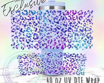 40oz UV DTF tumbler wrap, ready to apply UVDTF 40 ounce stanley cup transfer, permanent waterproof sticker, blue and purple galaxy cheetah