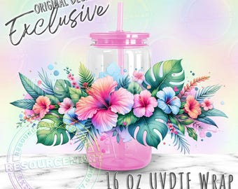UV DTF Pastel Hibiscus Wrap for 16oz Glass Can Cup Snowglobe Tumblers, Waterproof UVDTF Transfer Sticker, hawaiian floral design