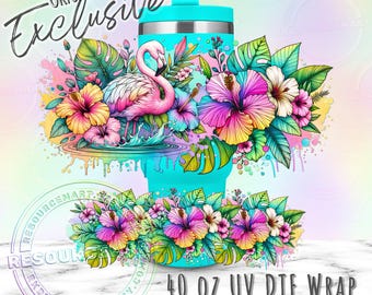 40oz UV DTF tumbler wrap, ready to apply UVDTF 40 ounce stanley cup transfer, waterproof sticker, hawaiian tropical flamingo hibiscus cup