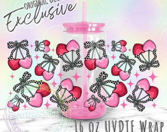 16oz UV DTF transfer tumbler wrap, heart cherries with retro checker print coquette bows ready to apply UVDTF 16 ounce glass cup decal