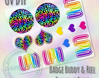 UV DTF LPN Nurse Element Sheet for Badge Buddy & Reel, Rainbow Leopard Print Retro 90s Waterproof uvdtf Transfer Sticker for Acrylic Blanks