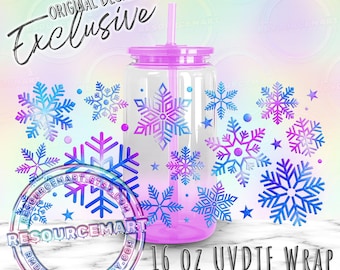 16oz UV DTF pastel winter snowflakes glass can cup wrap, ready to apply UVDTF waterproof transfer sticker for 16 ounce tumblers