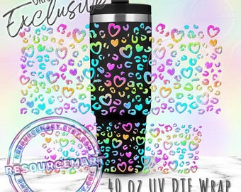 40oz UV DTF tumbler wrap, iridescent leopard print ready to apply UVDTF 40 ounce stanley cup transfer, pastel holo heart cheetah spots wrap