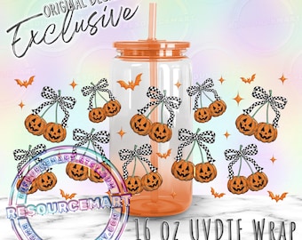 16oz UV DTF tumbler wrap, ready to apply UVDTF 16 ounce can glass cup transfer waterproof sticker, halloween pumpkin cherries checker bow