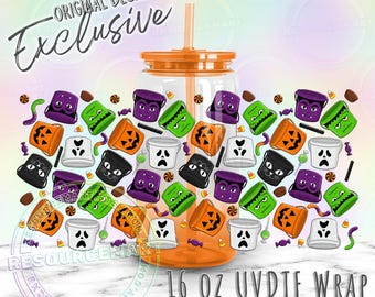 16oz UV DTF tumbler wrap, spooky Halloween trick or treat buckets ready to apply UVDTF 16 ounce cup transfer, glass can cup sticker decal