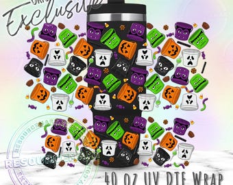 40oz UV DTF tumbler wrap, halloween trick or treat pails ready to apply UVDTF 40 ounce stanley cup transfer, spooky season cup sticker decal