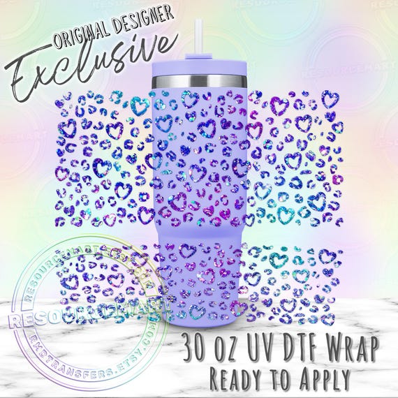 30oz UV DTF tumbler wrap, ready to apply UVDTF 30 ounce stanley cup transfer, permanent waterproof sticker, blue and purple heart leopard