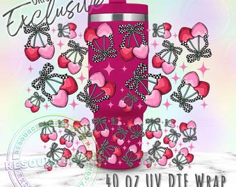UV DTF Heart Cherries 40 oz stanley cup wrap, Retro Checker Print Coquette Bows UVDTF Transfer Sticker for 40oz Handle Tumblers