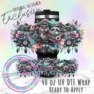 May include: A black 40 oz tumbler wrap with a colorful owl, floral, and dreamcatcher design. The design includes a full moon, clouds, and the text "Original Designer Exclusive". The wrap is ready to apply.