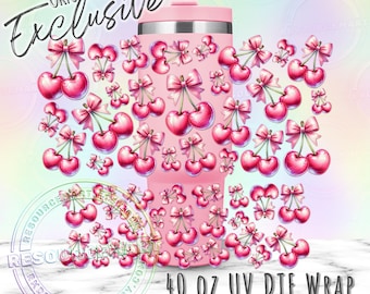 UV DTF Pink Cherries 40 oz stanley cup wrap, Coquette Cherry Waterproof UVDTF Transfer Sticker for 40oz Handle Tumblers